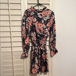 Missguided Size 12 Talk Dark Blue Floral Long Sleeve Backless Dress
